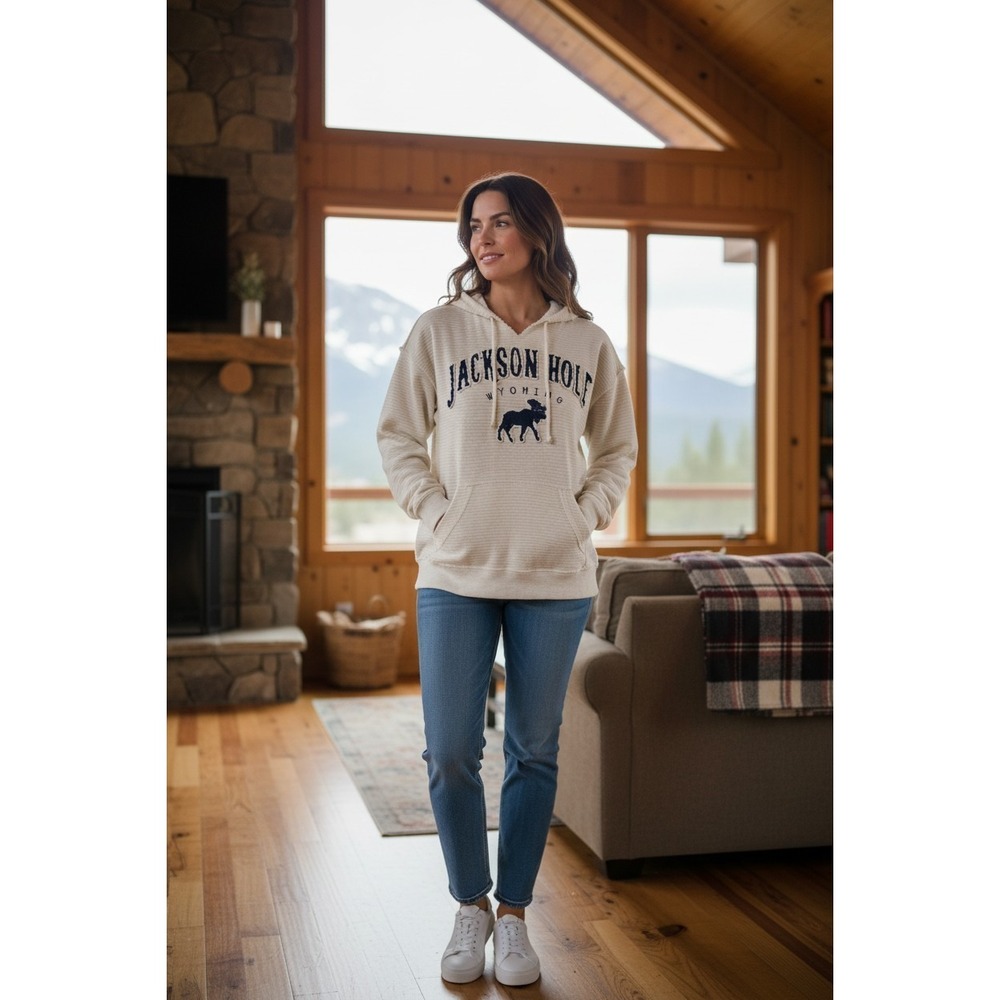 Jackson Hole Wyoming Appliqué Moose Hoodie Textured‎ Kangaroo Pocket Pullover L